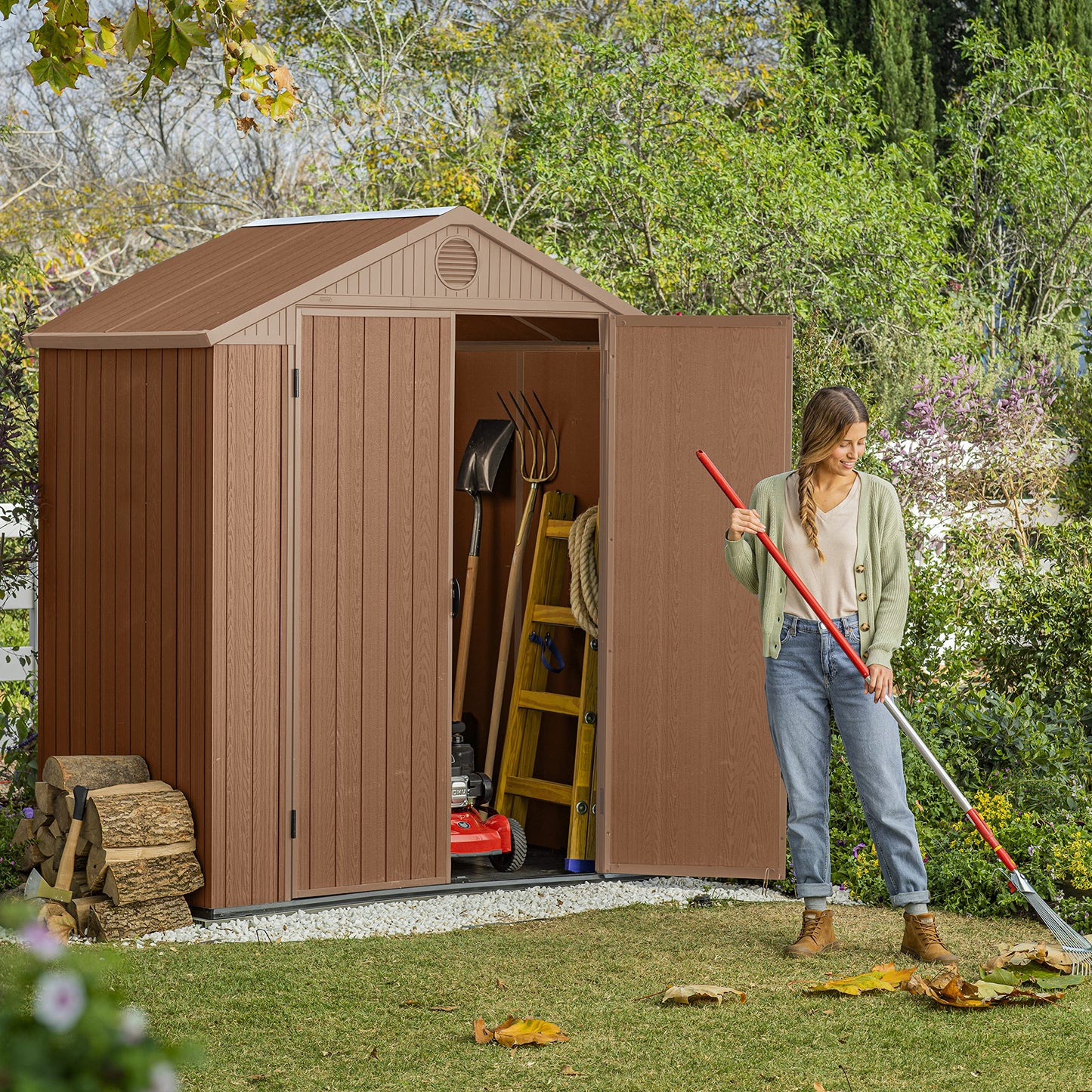 Darwin Outdoor Apex Double Door Garden Storage Shed 6x4 ft – Brown Wood Look, Fade Free, All-Weather Resistant, Safe & Secure