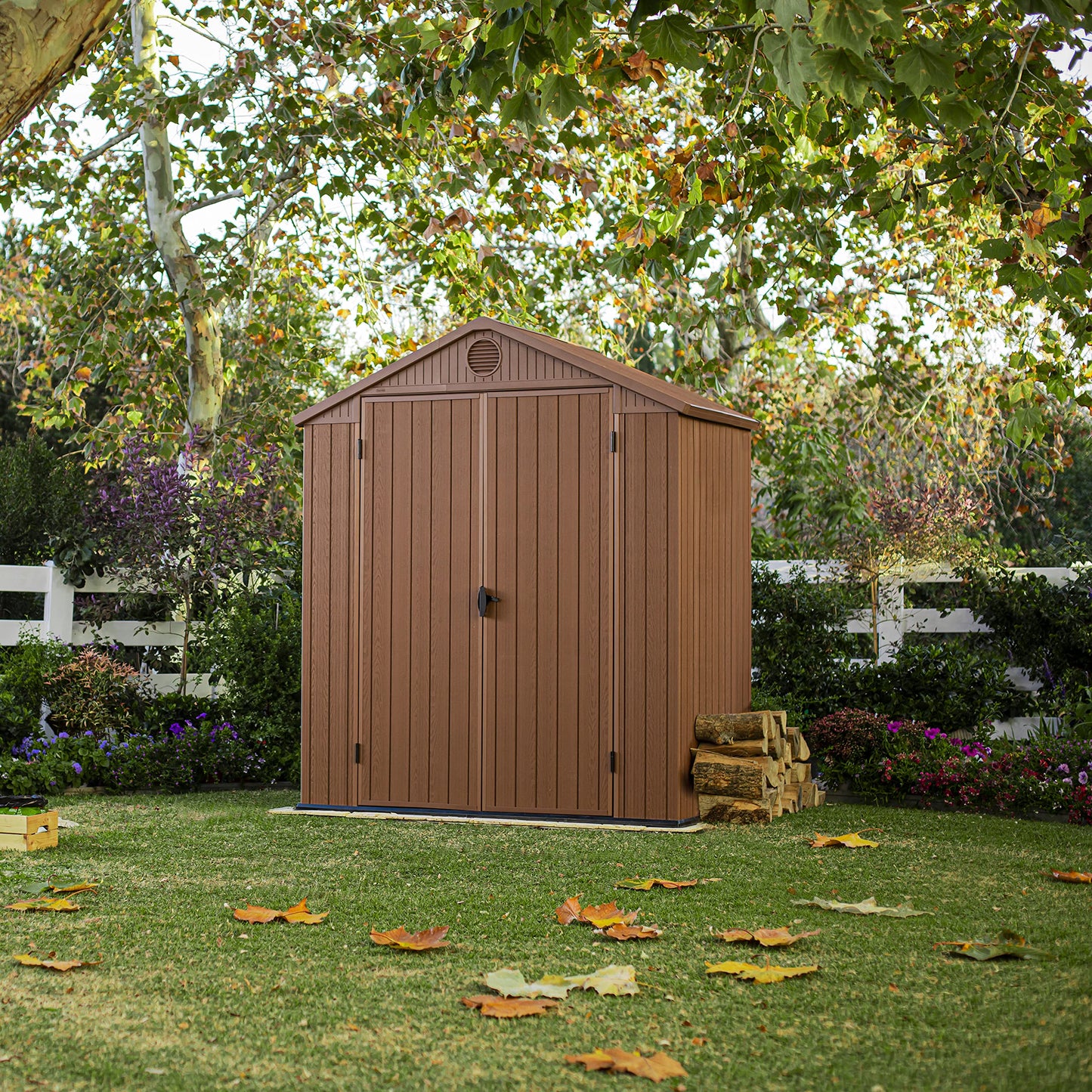Darwin Outdoor Apex Double Door Garden Storage Shed 6x4 ft – Brown Wood Look, Fade Free, All-Weather Resistant, Safe & Secure